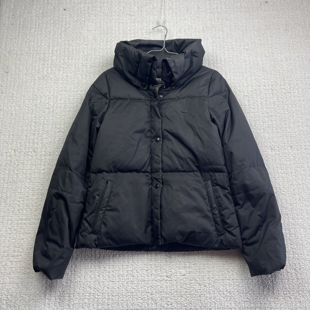 Lacoste Quilted Down Puffer Coat Snap Women's Size 38 Black Convertible Collar